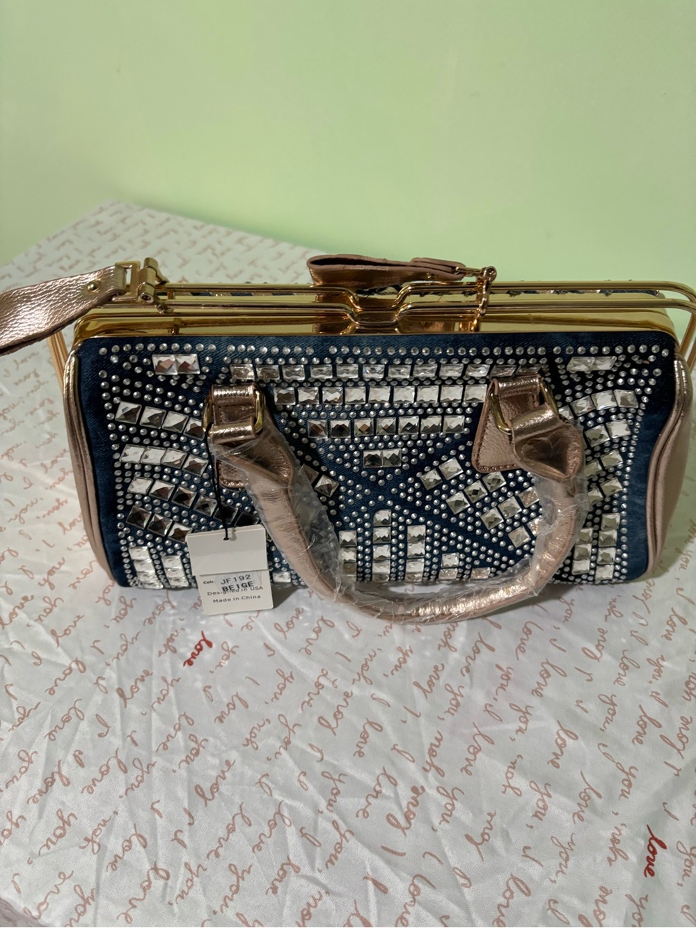 Embellished Navy and Rose Gold Box Clutch